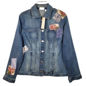 NWT Chico's Women's Patch Applique Blue Denim Jean Jacket - Size M/L Retail $129